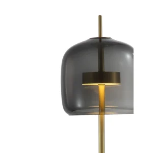 Smoked Glass Bell Floor Lamp on Brass Stem in slate — in a room setting