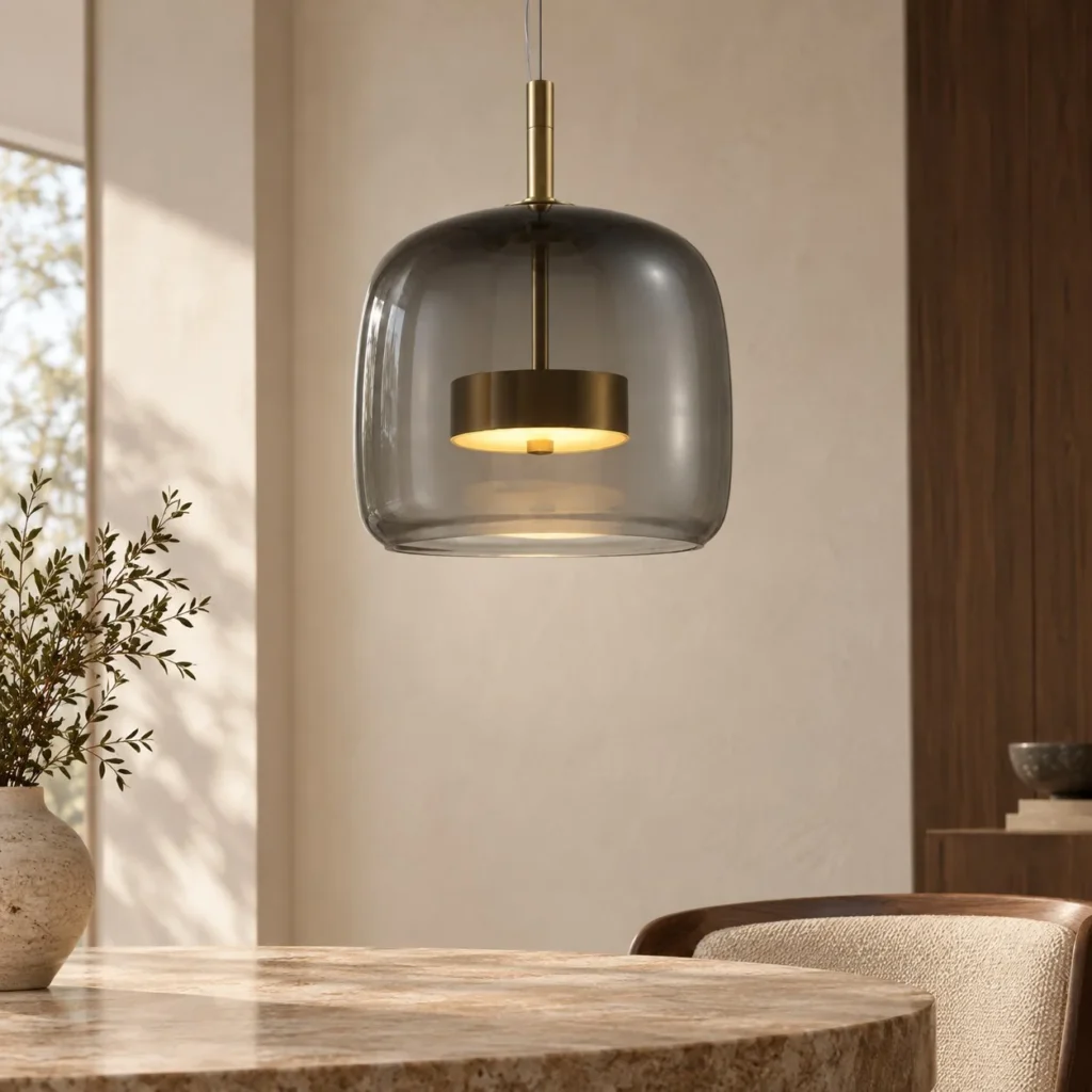 Smoked Glass Bell Pendant Light with Brass Core, 20 cm in slate — front view