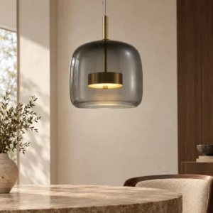 Smoked Glass Bell Pendant Light with Brass Core, 20 cm in slate — front view