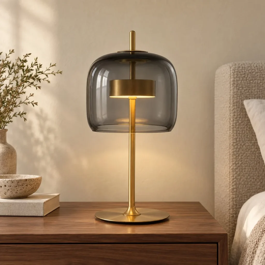 Smoked Glass Bell Table Lamp with Brass Stem in slate — front view