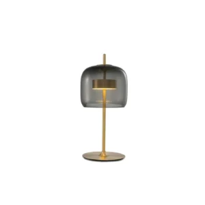 Smoked Glass Bell Table Lamp with Brass Stem in slate — in a room setting