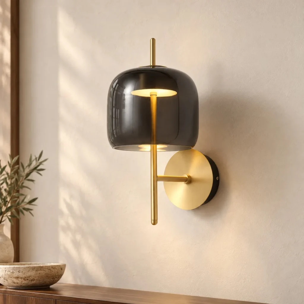 Smoked Glass Bell Wall Light with Brass Rod and Disc in slate — front view