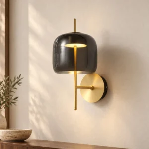 Smoked Glass Bell Wall Light with Brass Rod and Disc in slate — front view