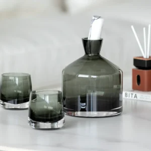 Smoked Green Glass Decanter and Whisky Tumbler Set in olive — front view