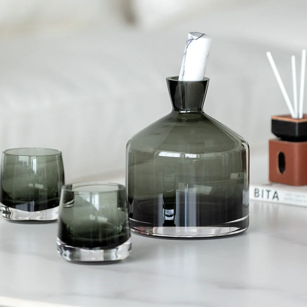 Smoked Green Glass Decanter and Whisky Tumbler Set in olive — front view