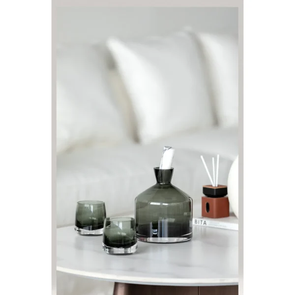 Smoked Green Glass Decanter and Whisky Tumbler Set in olive — in a room setting