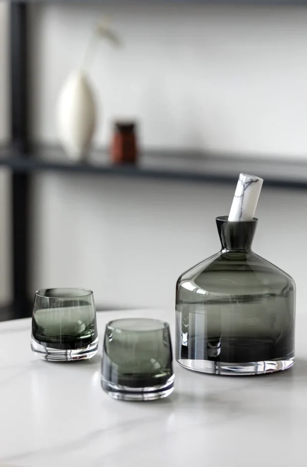 Smoked Green Glass Decanter and Whisky Tumbler Set in olive — in a room setting
