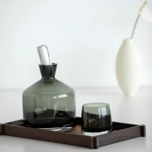Smoked Green Glass Decanter and Whisky Tumbler Set in olive — in a room setting