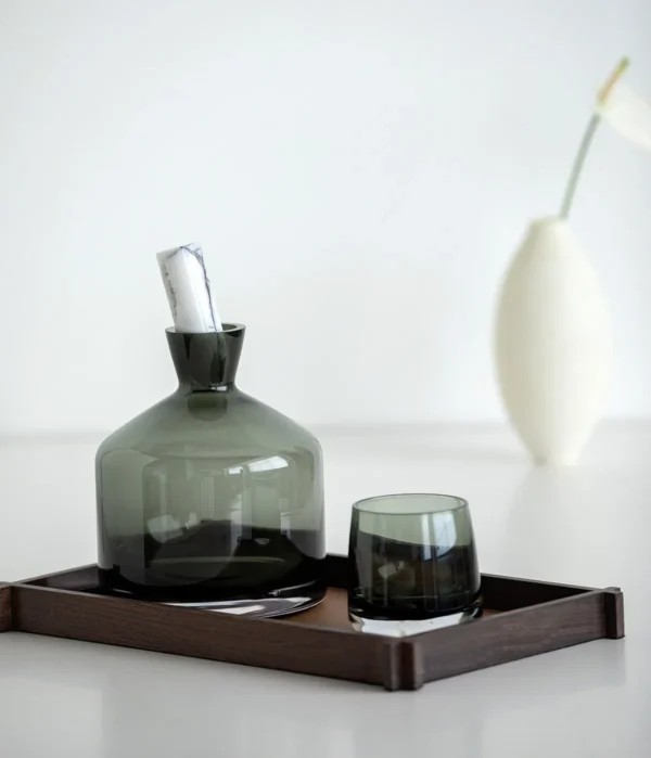 Smoked Green Glass Decanter and Whisky Tumbler Set in olive — in a room setting