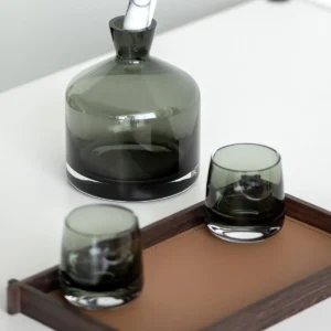 Smoked Green Glass Decanter and Whisky Tumbler Set in olive — in a room setting