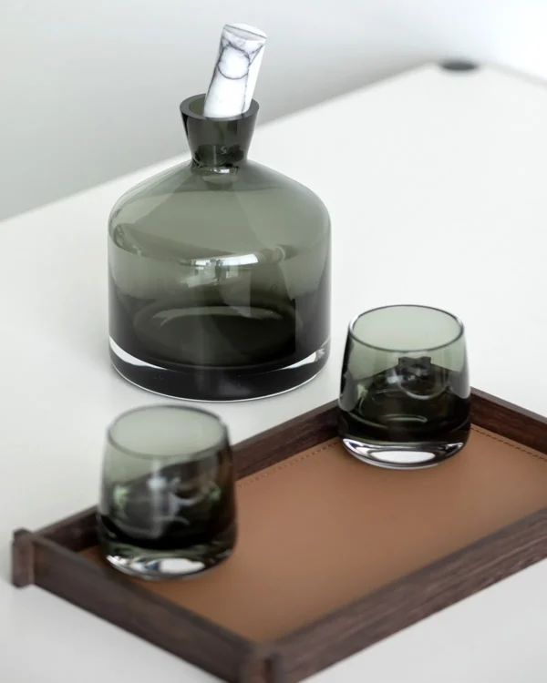 Smoked Green Glass Decanter and Whisky Tumbler Set in olive — in a room setting