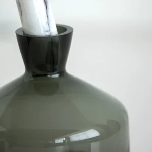 Smoked Green Glass Decanter and Whisky Tumbler Set in olive — in a room setting