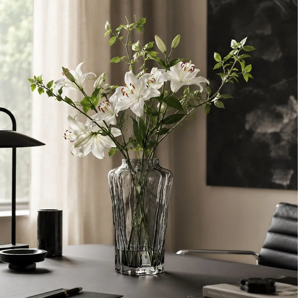 Designer Smoked Grey Faceted Glass Vase in slate — front view