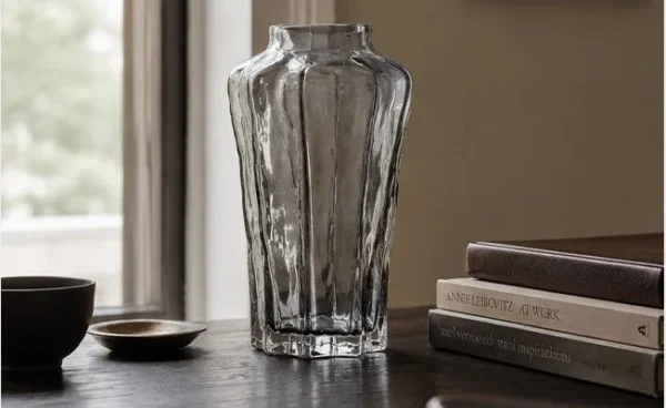Designer Smoked Grey Faceted Glass Vase in slate — in a room setting