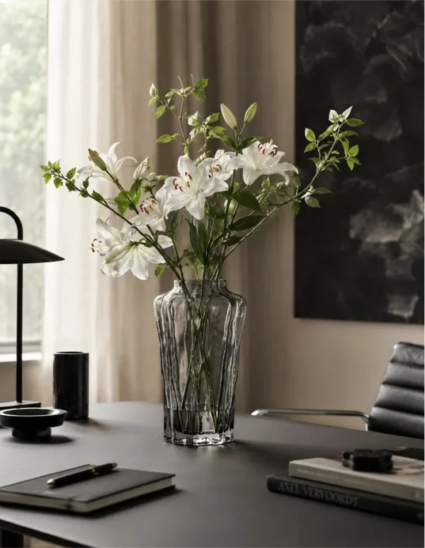 Designer Smoked Grey Faceted Glass Vase in slate — in a room setting