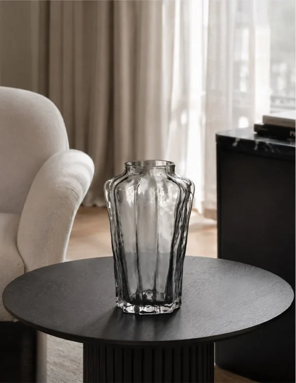 Designer Smoked Grey Faceted Glass Vase in slate — in a room setting