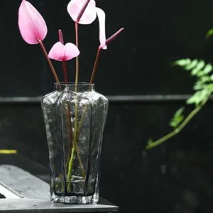 Smoked Grey Ribbed Glass Vase, Tall or Short in slate — front view