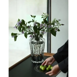 Smoked Grey Ribbed Glass Vase, Tall or Short in slate — in a room setting