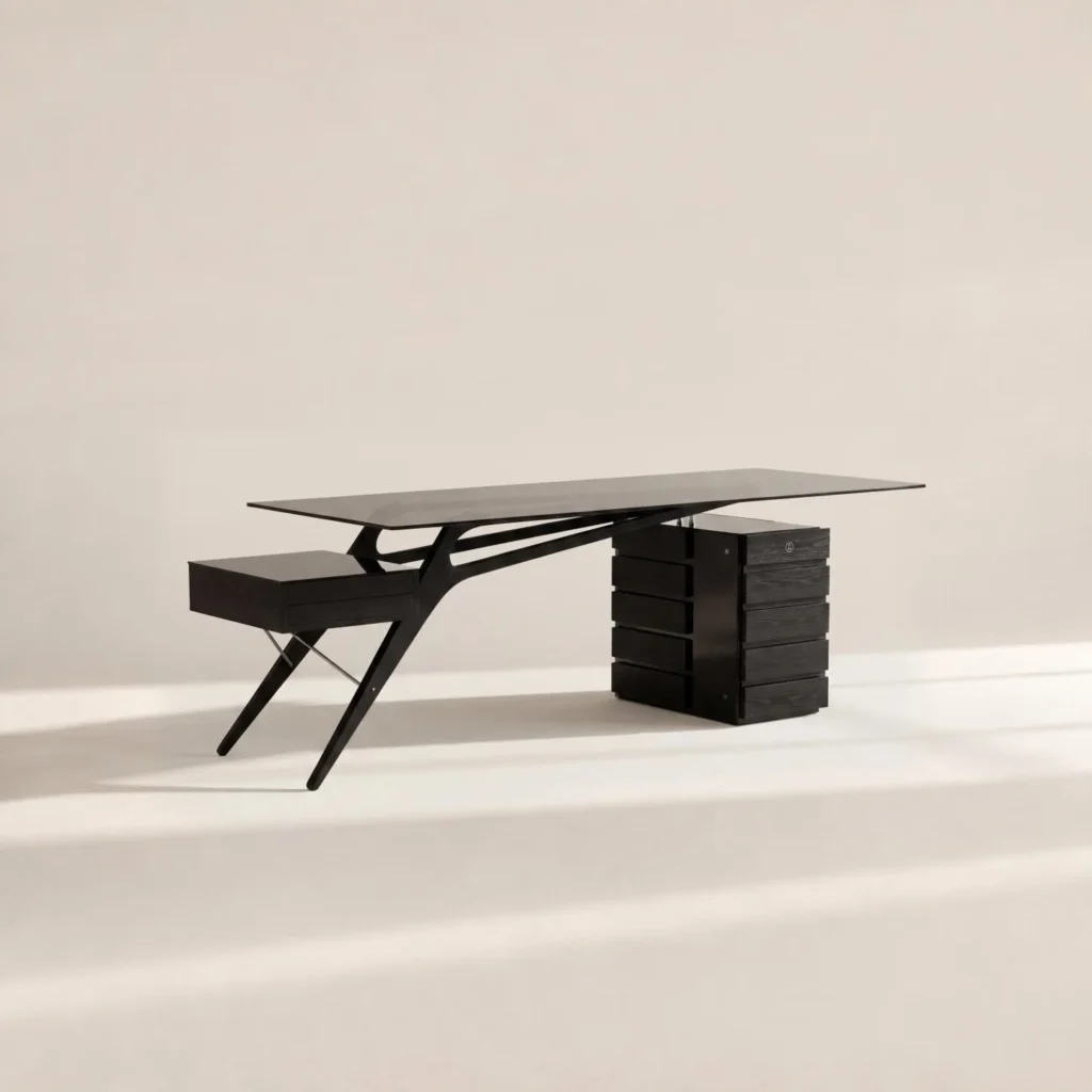 Smoked Wood Wing-Frame Desk in black — front view