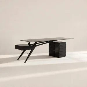 Smoked Wood Wing-Frame Desk in black — front view