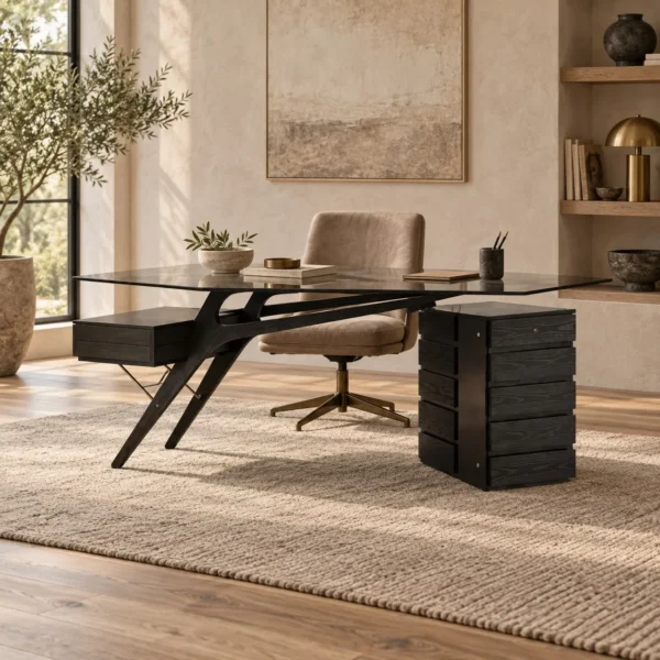 Smoked Wood Wing-Frame Desk in black — in a room setting