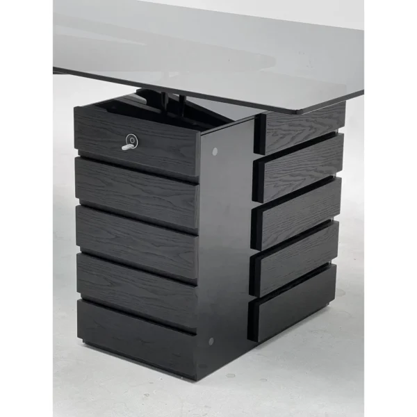 Smoked Wood Wing-Frame Desk in black — in a room setting