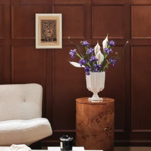 Snow Mountain Ivory Ribbed Footed Vase with Drop Detail in oatmeal — front view