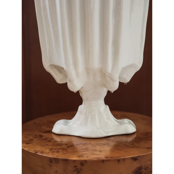 Snow Mountain Ivory Ribbed Footed Vase with Drop Detail in oatmeal — in a room setting
