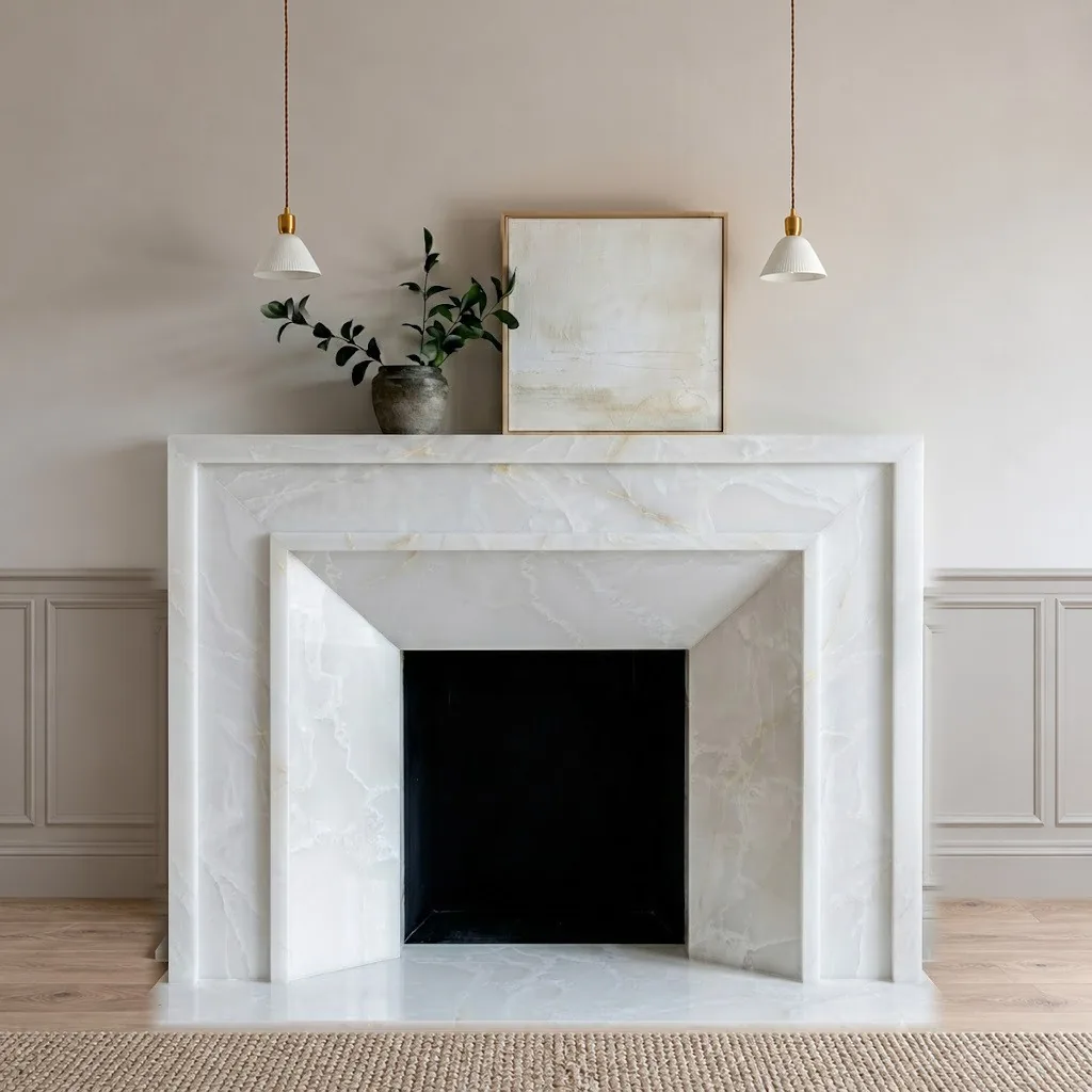 Snow White Marble Fireplace Surround in ivory — front view