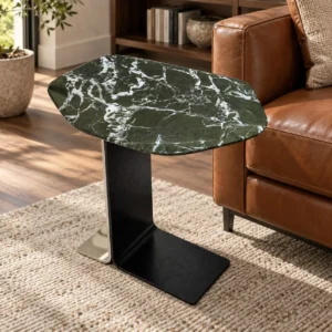 Green Marble Hexagonal Side Table on Black Cantilever Base in olive — front view