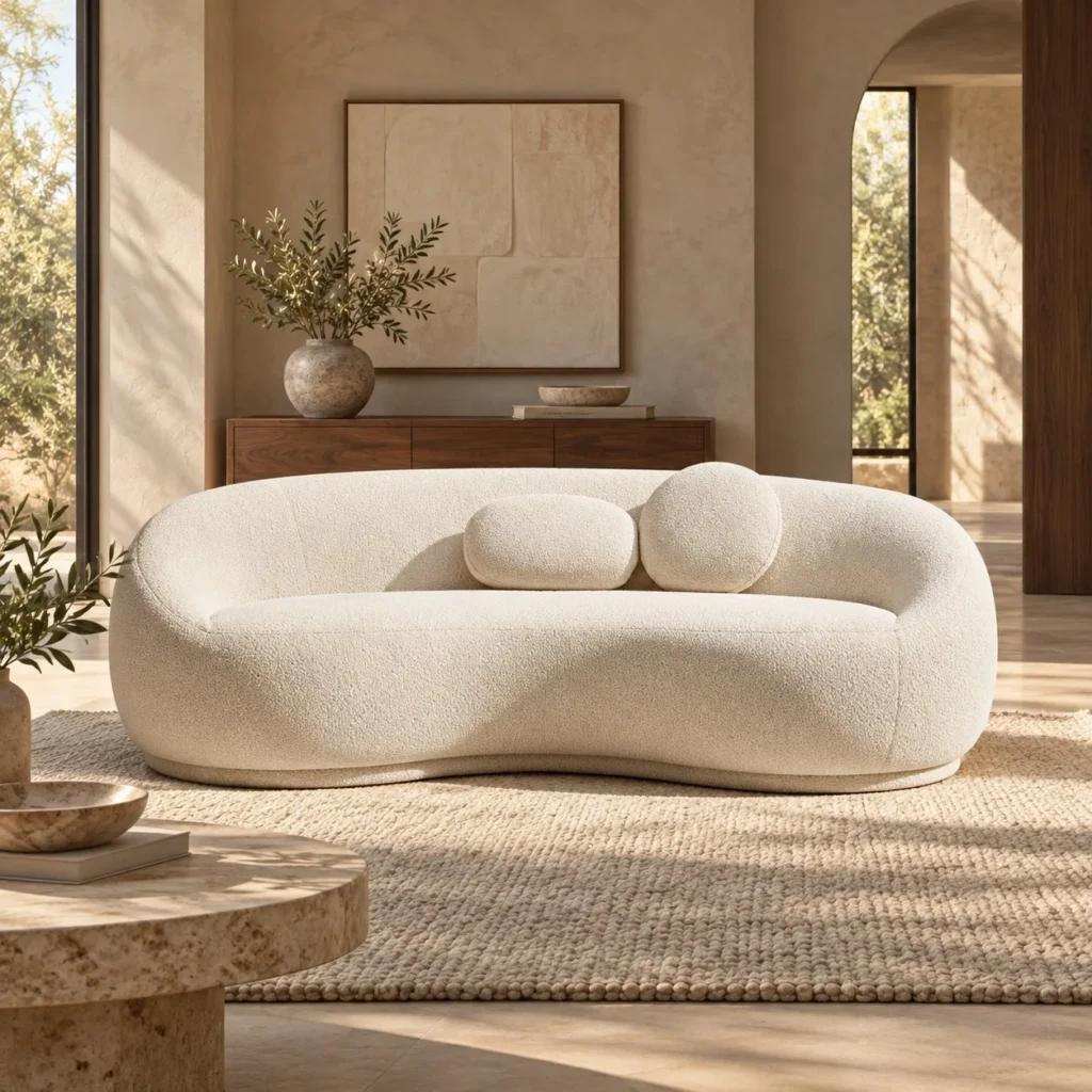 Arcloud Curved Sofa in Cream Bouclé with Round Cushions — front view
