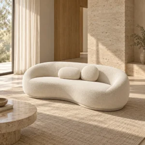Arcloud Curved Sofa in Cream Bouclé with Round Cushions — in a room setting