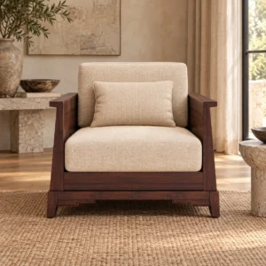 Modern Chinese Walnut Frame Armchair in Cream Fabric — front view