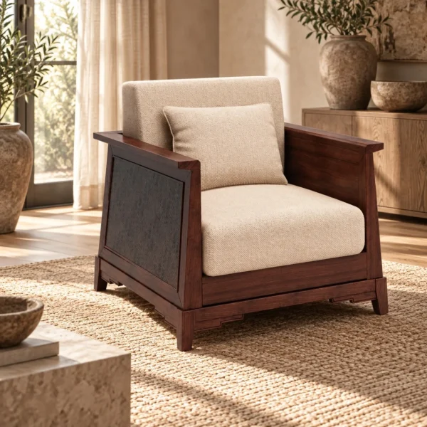Modern Chinese Walnut Frame Armchair in Cream Fabric — in a room setting
