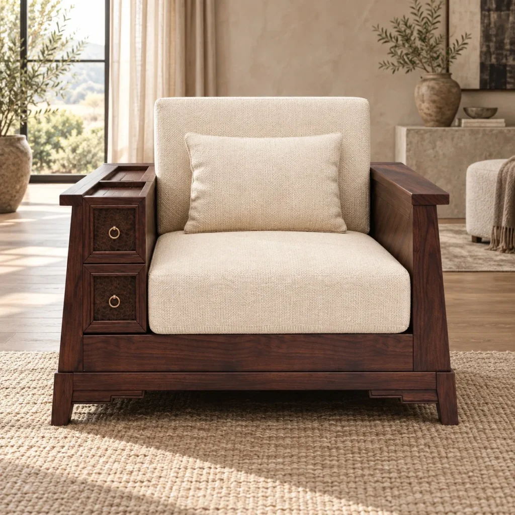 Modern Chinese Walnut Armchair with Drawer Side Cabinet in walnut — front view