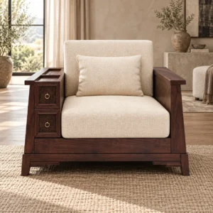Modern Chinese Walnut Armchair with Drawer Side Cabinet in walnut — front view