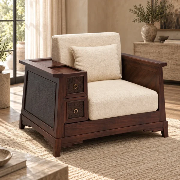 Modern Chinese Walnut Armchair with Drawer Side Cabinet in walnut — in a room setting