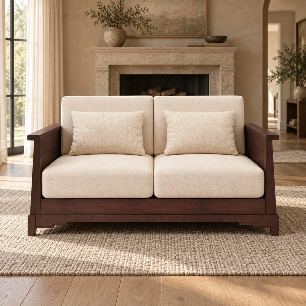 Modern Chinese Walnut Frame Loveseat in Cream Fabric — front view