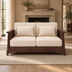 Modern Chinese Walnut Frame Loveseat in Cream Fabric — front view