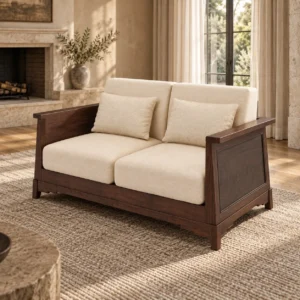 Modern Chinese Walnut Frame Loveseat in Cream Fabric — in a room setting