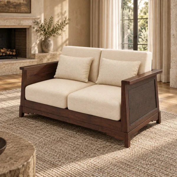 Modern Chinese Walnut Frame Loveseat in Cream Fabric — in a room setting