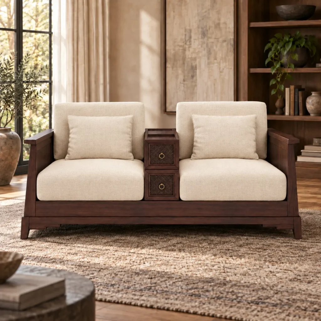 Modern Chinese Walnut Loveseat with Central Drawer Cabinet in walnut — front view