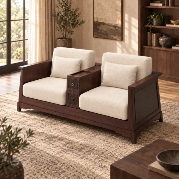 Modern Chinese Walnut Loveseat with Central Drawer Cabinet in walnut — in a room setting