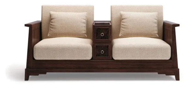 Modern Chinese Walnut Loveseat with Central Drawer Cabinet in walnut — in a room setting