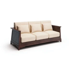 Modern Chinese Walnut Frame Three-Seat Sofa in Cream Fabric — front view