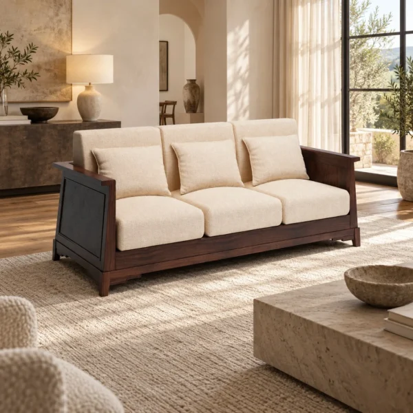 Modern Chinese Walnut Frame Three-Seat Sofa in Cream Fabric — in a room setting