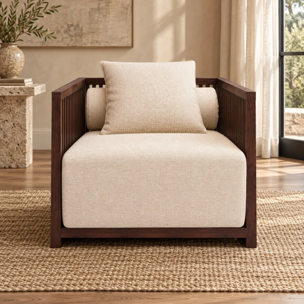 Modern Chinese Walnut Slat-Back Armchair in Cream Fabric — front view