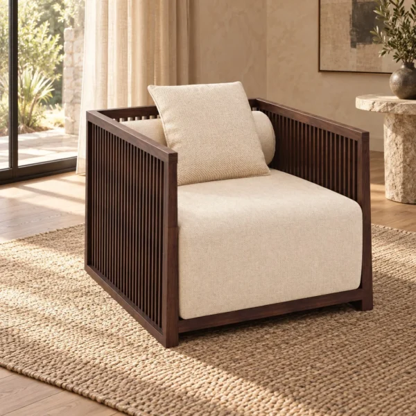 Modern Chinese Walnut Slat-Back Armchair in Cream Fabric — in a room setting