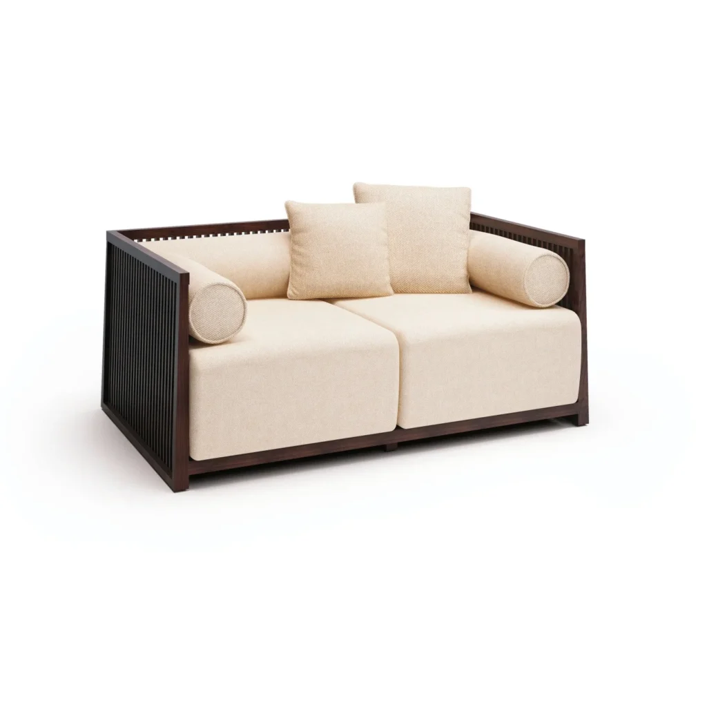 Modern Chinese Walnut Slat-Back Loveseat in walnut — front view