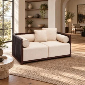 Modern Chinese Walnut Slat-Back Loveseat in walnut — in a room setting